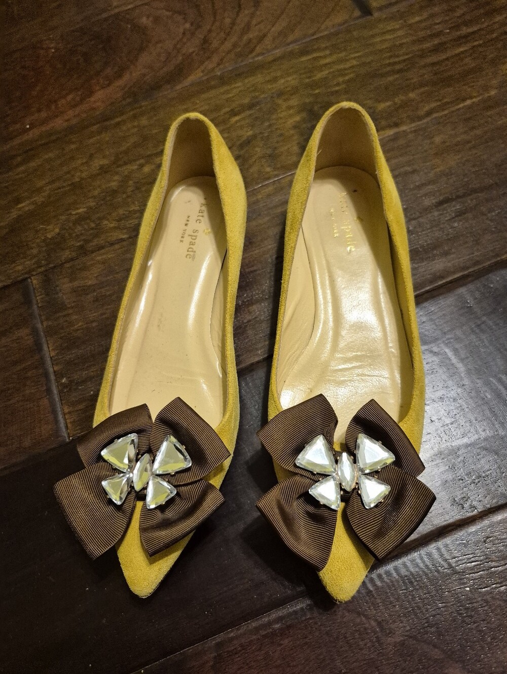 kate spade Yellow Suede Pointed-Toe Flats with Brown Bow & Crystal Detail